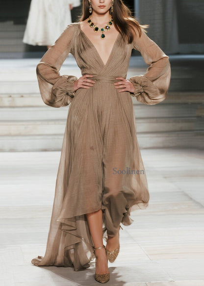 Plus Size V-Ausschnitt Knitter-Patchwork-Maxikleider aus Baumwolle Frühling