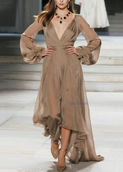 Plus Size V-Ausschnitt Knitter-Patchwork-Maxikleider aus Baumwolle Frühling