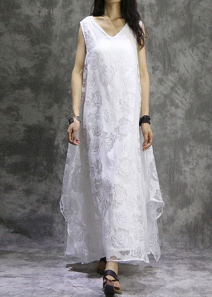 Plus Size Weiße asymmetrische Blumen Seide Urlaubskleider Ärmellos