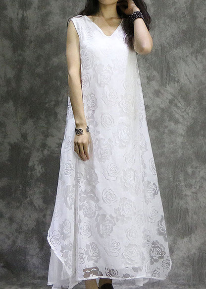 Plus Size Weiße asymmetrische Blumen Seide Urlaubskleider Ärmellos