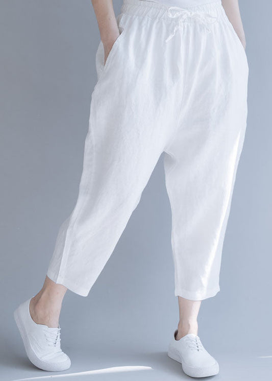 Plus Größe Weiß Cinched Casual Leinen Hosen Hosen Frühling