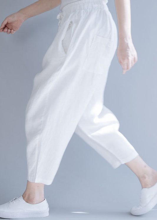 Plus Größe Weiß Cinched Casual Leinen Hosen Hosen Frühling