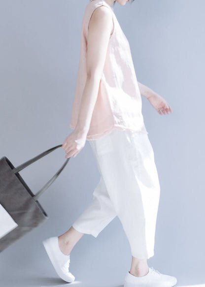 Plus Größe Weiß Cinched Casual Leinen Hosen Hosen Frühling