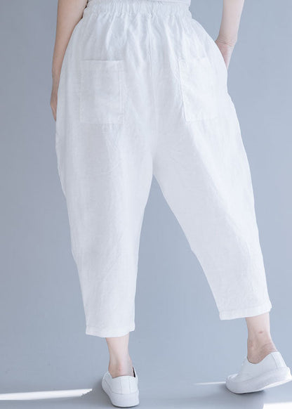 Plus Größe Weiß Cinched Casual Leinen Hosen Hosen Frühling