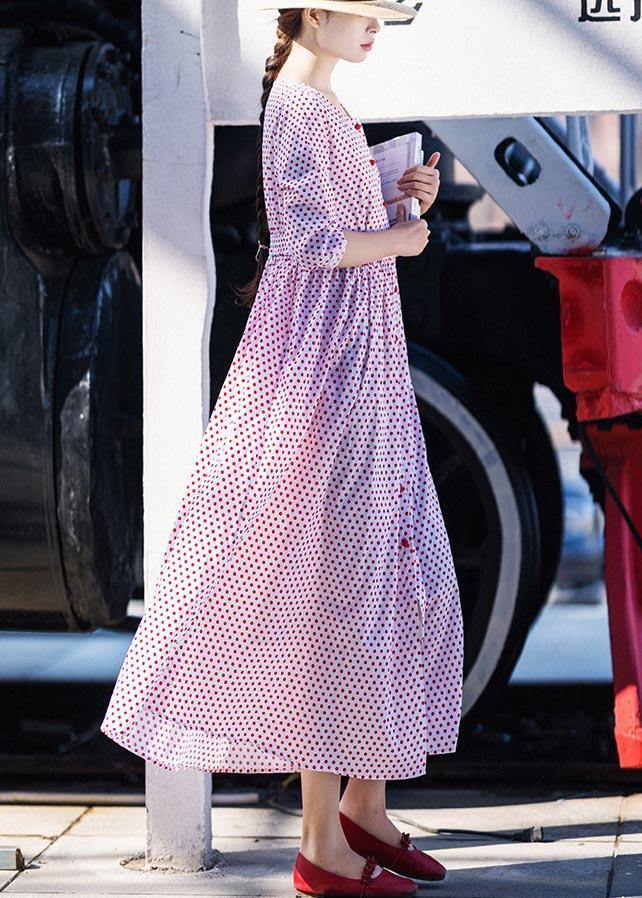 Plus Size White Dot Cinched Button Long Summer Cotton Dress - SooLinen