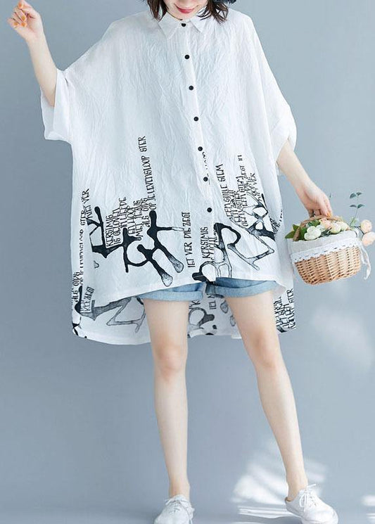Plus Size White Graphic Peter Pan Collar Cotton Tops Summer - SooLinen