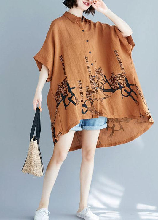 Plus Size White Graphic Peter Pan Collar Cotton Tops Summer - SooLinen