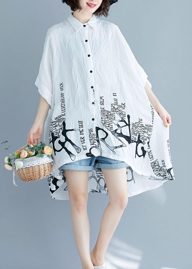 Plus Size White Graphic Peter Pan Collar Cotton Tops Summer - SooLinen