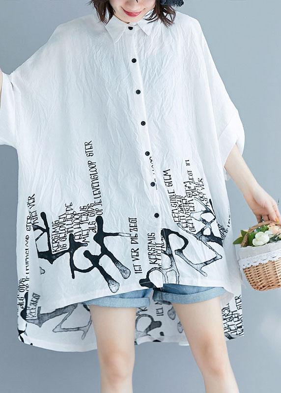Plus Size White Graphic Peter Pan Collar Cotton Tops Summer - SooLinen