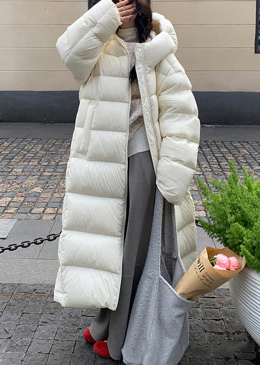 Abrigo largo de plumón de pato con bolsillos y cremallera, color blanco, talla grande, para invierno