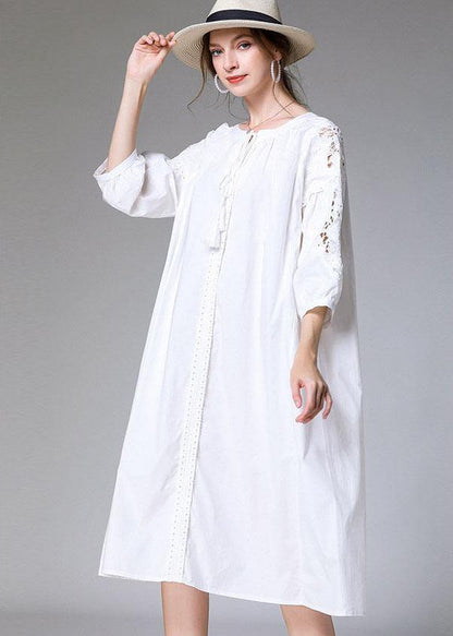Plus Size White Loose O-Neck A Line Spring Maxi Dress Three Quarter Sleeve - SooLinen