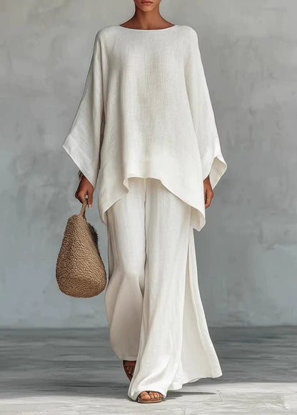 Plus Size White O Neck Asymmetrical Design Cotton Two Pieces Set Summer