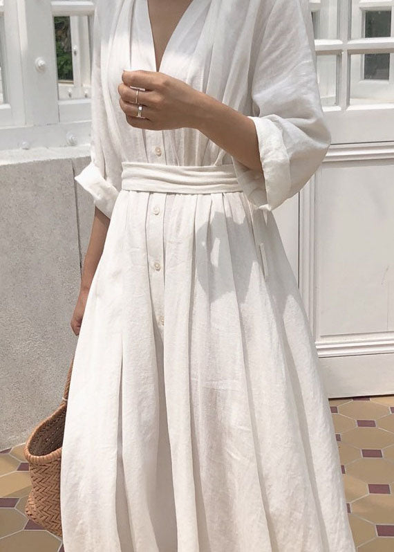 Plus Size Weißes Patchwork-Baumwollkleid mit V-Ausschnitt