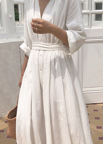 Plus Size Weißes Patchwork-Baumwollkleid mit V-Ausschnitt