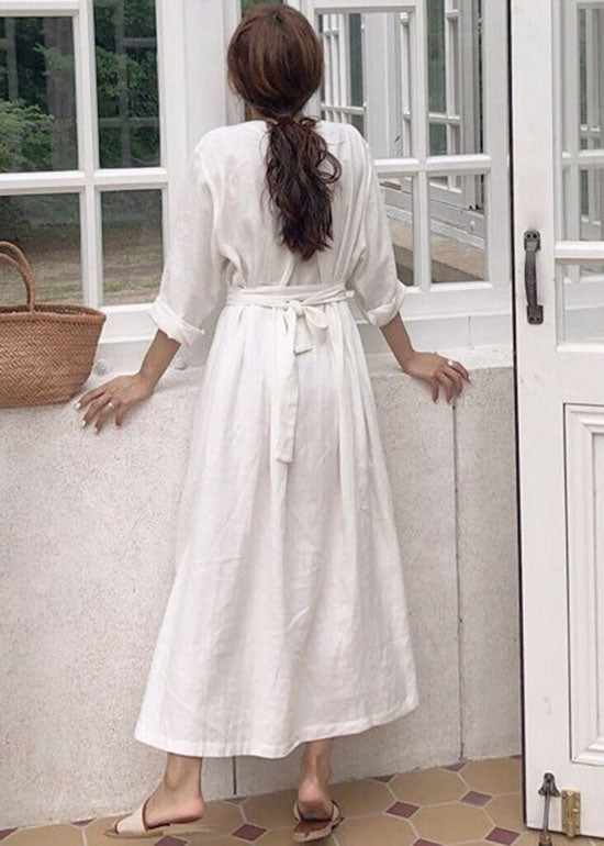 Plus Size Weißes Patchwork-Baumwollkleid mit V-Ausschnitt