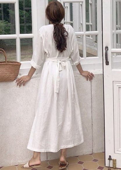 Plus Size Weißes Patchwork-Baumwollkleid mit V-Ausschnitt