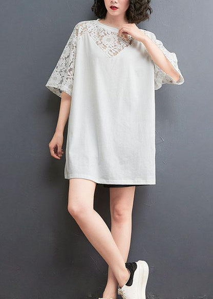 Plus Size White Patchwork Lace O-Neck Cotton Tee Summer - SooLinen
