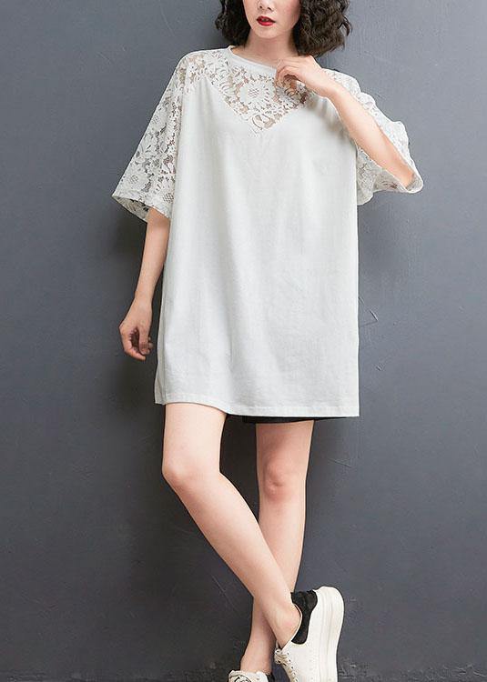 Plus Size White Patchwork Lace O-Neck Cotton Tee Summer - SooLinen