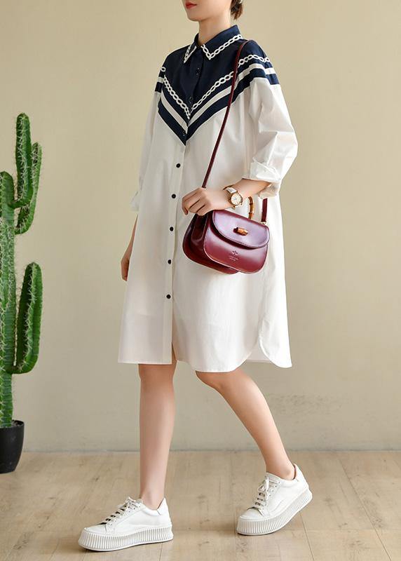 Plus Size White Patchwork Peter Pan Collar Cotton Long sleeve Spring Dresses - SooLinen