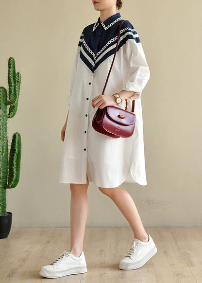 Plus Size White Patchwork Peter Pan Collar Cotton Long sleeve Spring Dresses - SooLinen
