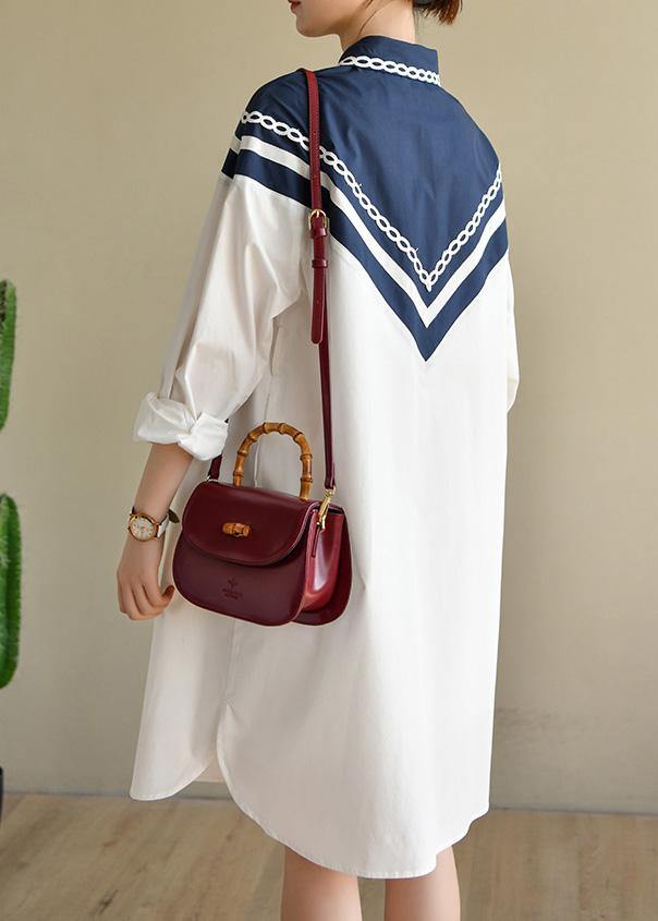 Plus Size White Patchwork Peter Pan Collar Cotton Long sleeve Spring Dresses - SooLinen