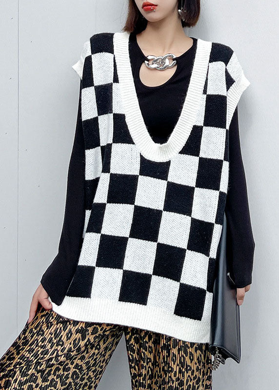 Plus Size Weiß karierte Mode V-Ausschnitt Herbst Strickweste