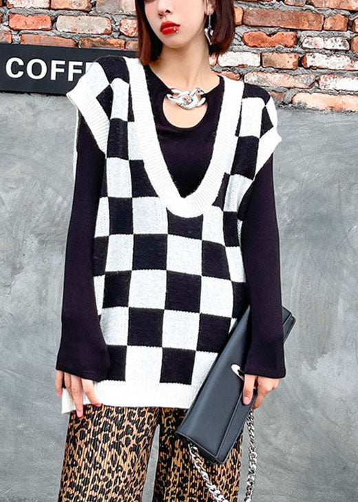 Plus Size Weiß karierte Mode V-Ausschnitt Herbst Strickweste