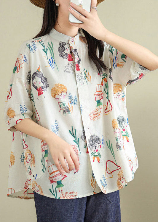 Plus Size White Print Button Shirts Summer