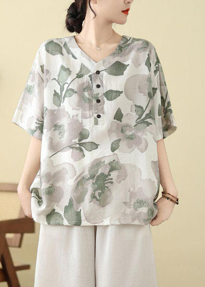 Plus Size White Print Button T Shirt Summer