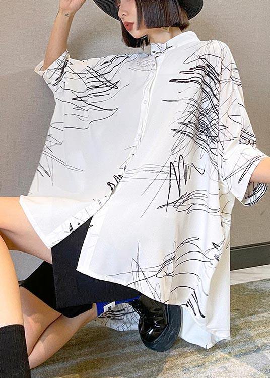 Plus Size White Print Button low high design Cotton Blouses - SooLinen
