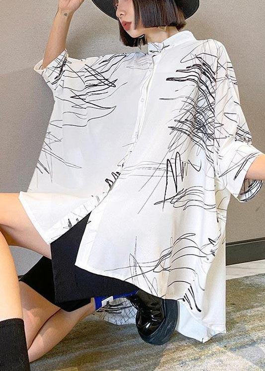 Plus Size White Print Button low high design Cotton Blouses - SooLinen