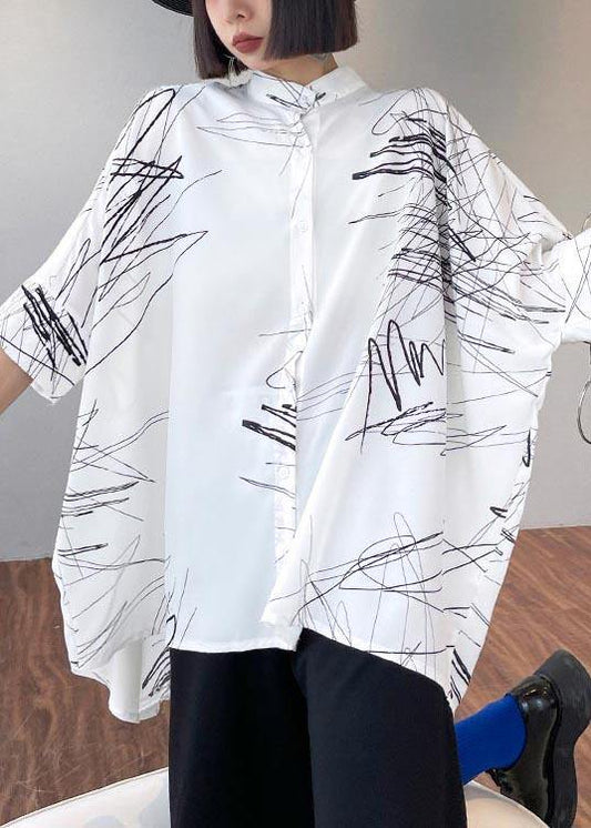 Plus Size White Print Button low high design Cotton Blouses - SooLinen