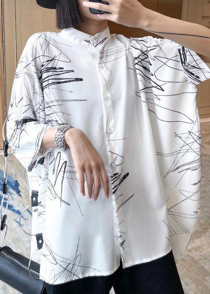 Plus Size White Print Button low high design Cotton Blouses - SooLinen