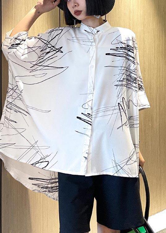 Plus Size White Print Button low high design Cotton Blouses - SooLinen
