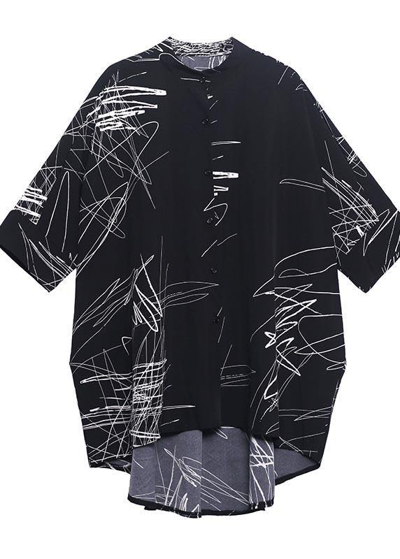 Plus Size White Print Button low high design Cotton Blouses - SooLinen