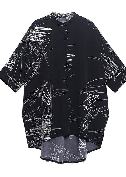 Plus Size White Print Button low high design Cotton Blouses - SooLinen