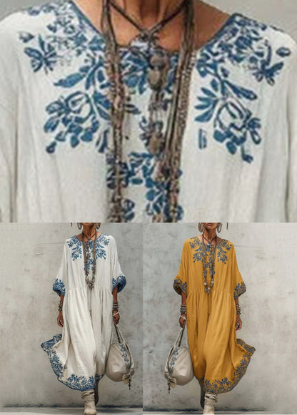 Plus Size White Print Wrinkled Long Dresses Half Sleeve
