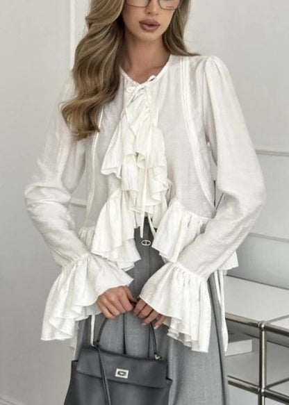 Plus Size White Ruffles Cotton Shirts Flare Sleeve