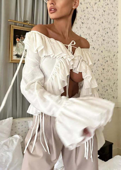 Plus Size White Ruffles Cotton Shirts Flare Sleeve