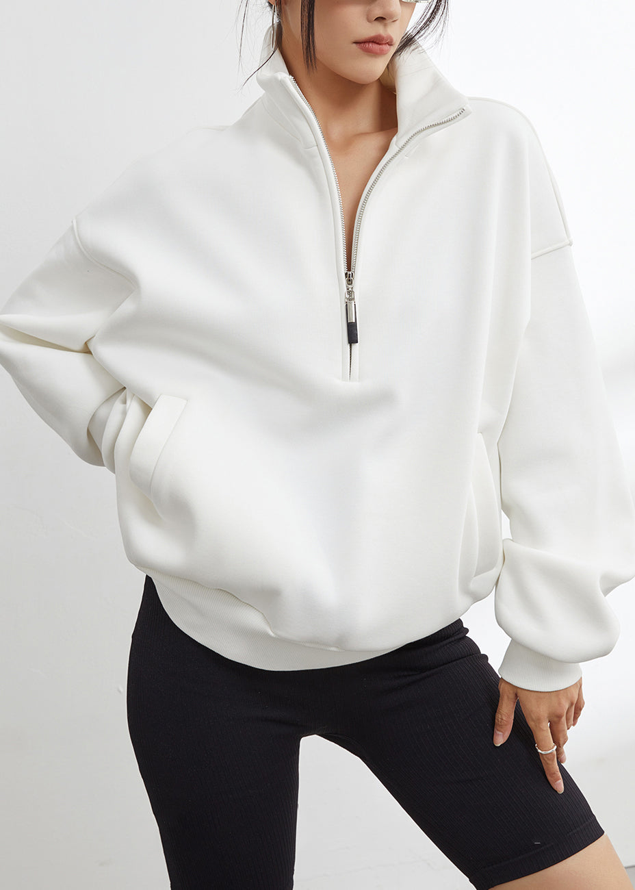 Sudadera polar cálida con cremallera y cuello alto blanca de talla grande para invierno