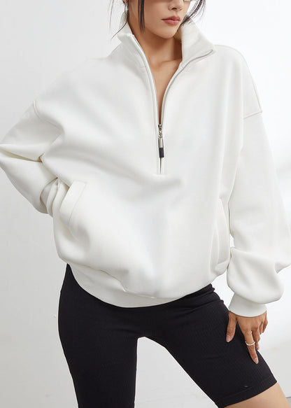 Sudadera polar cálida con cremallera y cuello alto blanca de talla grande para invierno