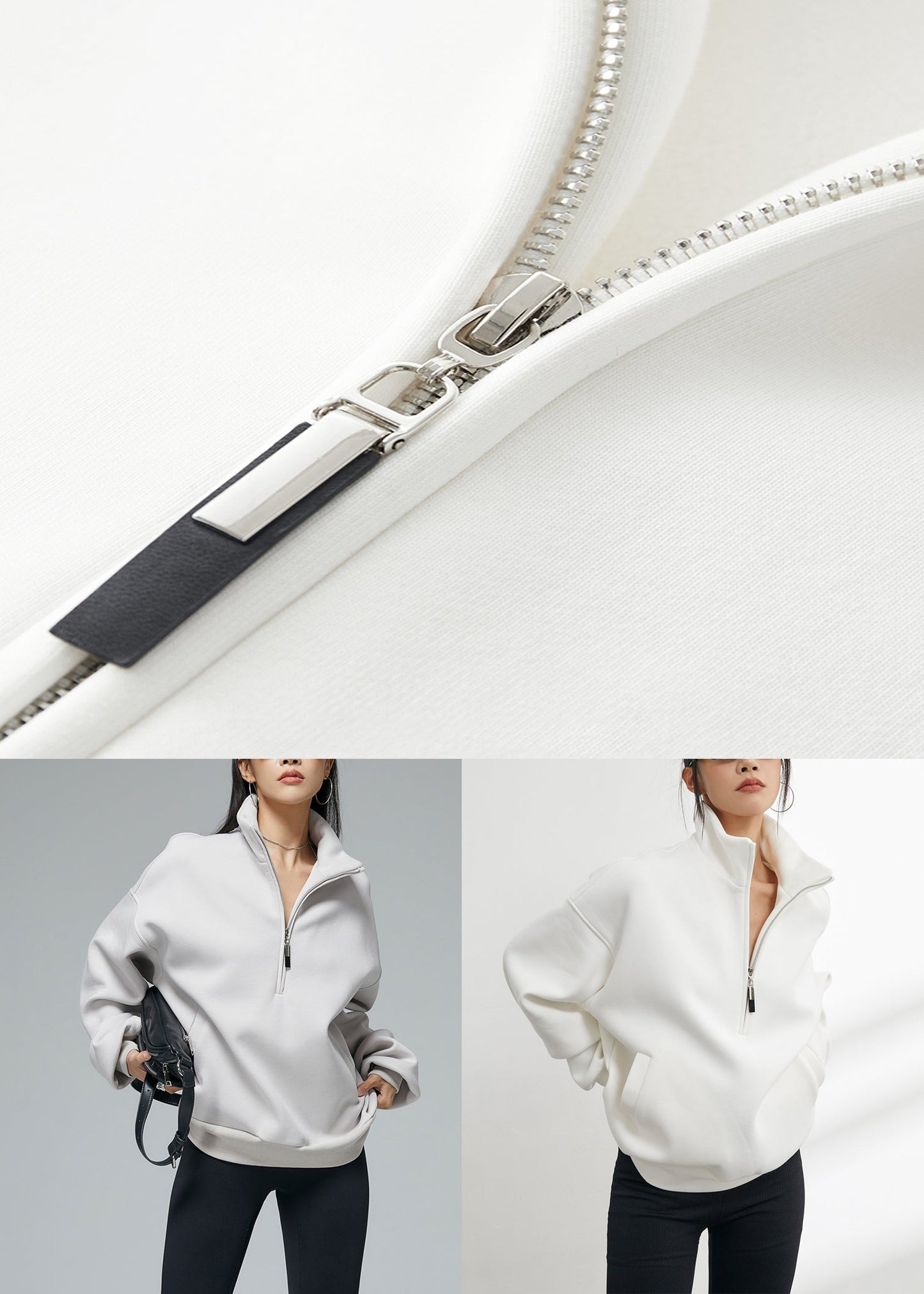 Sudadera polar cálida con cremallera y cuello alto blanca de talla grande para invierno