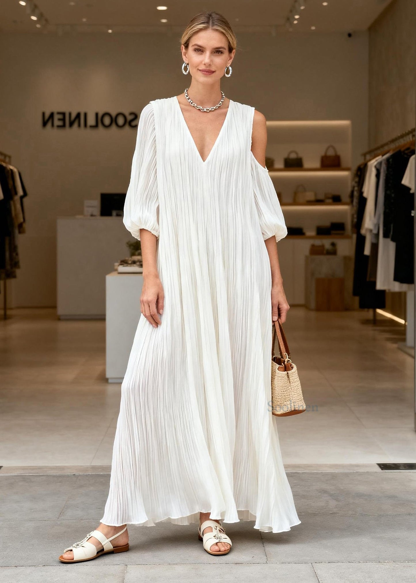 Plus Size White V Neck Asymmetrical Design Patchwork Cotton Dresses Summer