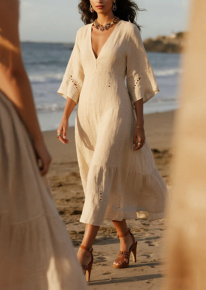 Vestido de fiesta de algodón blanco con escote en V y aberturas de talla grande para verano