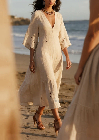 Vestido de fiesta de algodón blanco con escote en V y aberturas de talla grande para verano