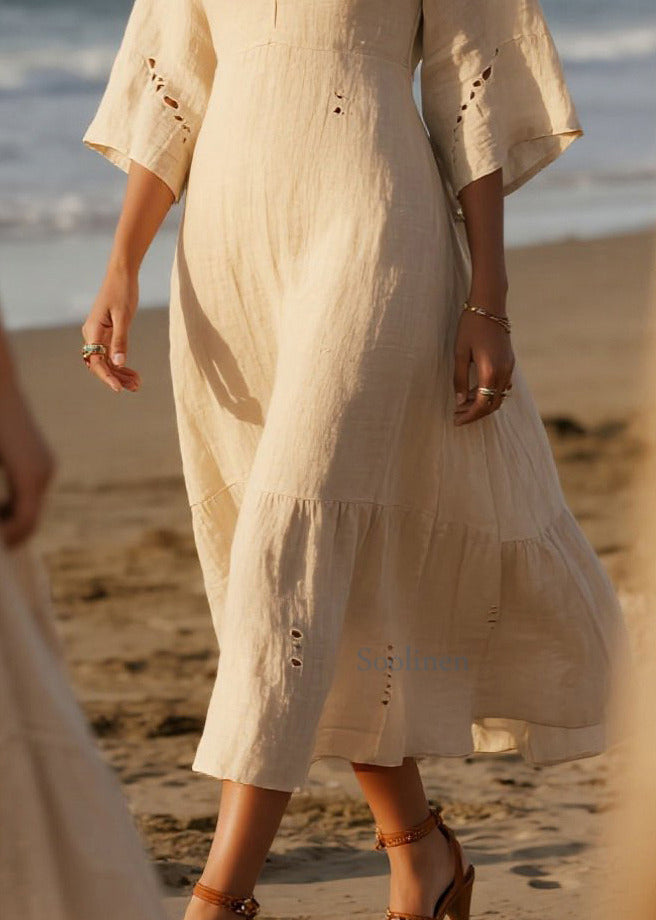 Vestido de fiesta de algodón blanco con escote en V y aberturas de talla grande para verano