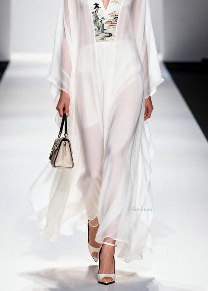 Plus Size White V Neck Patchwork Chiffon Long Dresses Spring