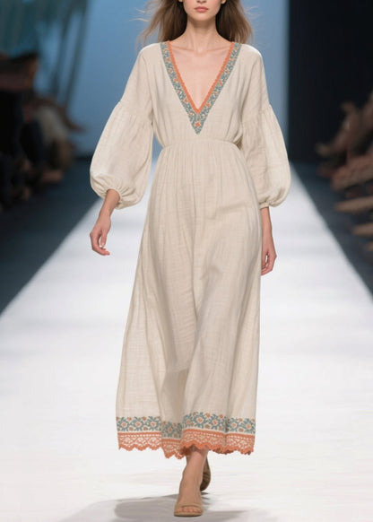 Plus Size White V Neck Patchwork Linen Ankle Dress Bracelet Sleeve