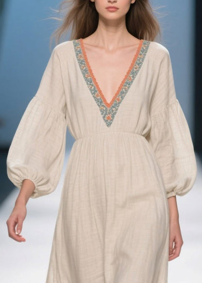 Plus Size White V Neck Patchwork Linen Ankle Dress Bracelet Sleeve