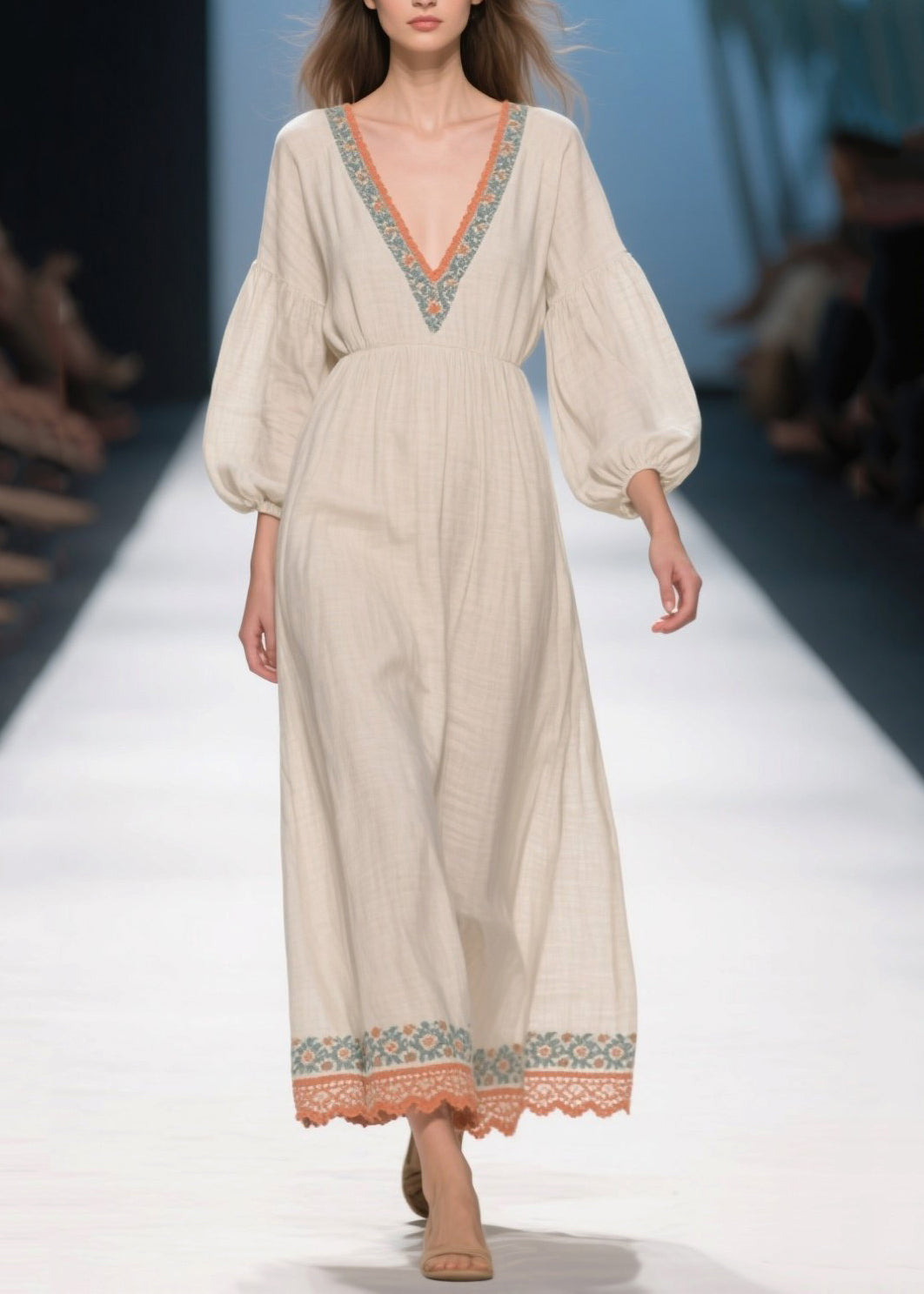 Plus Size White V Neck Patchwork Linen Ankle Dress Bracelet Sleeve